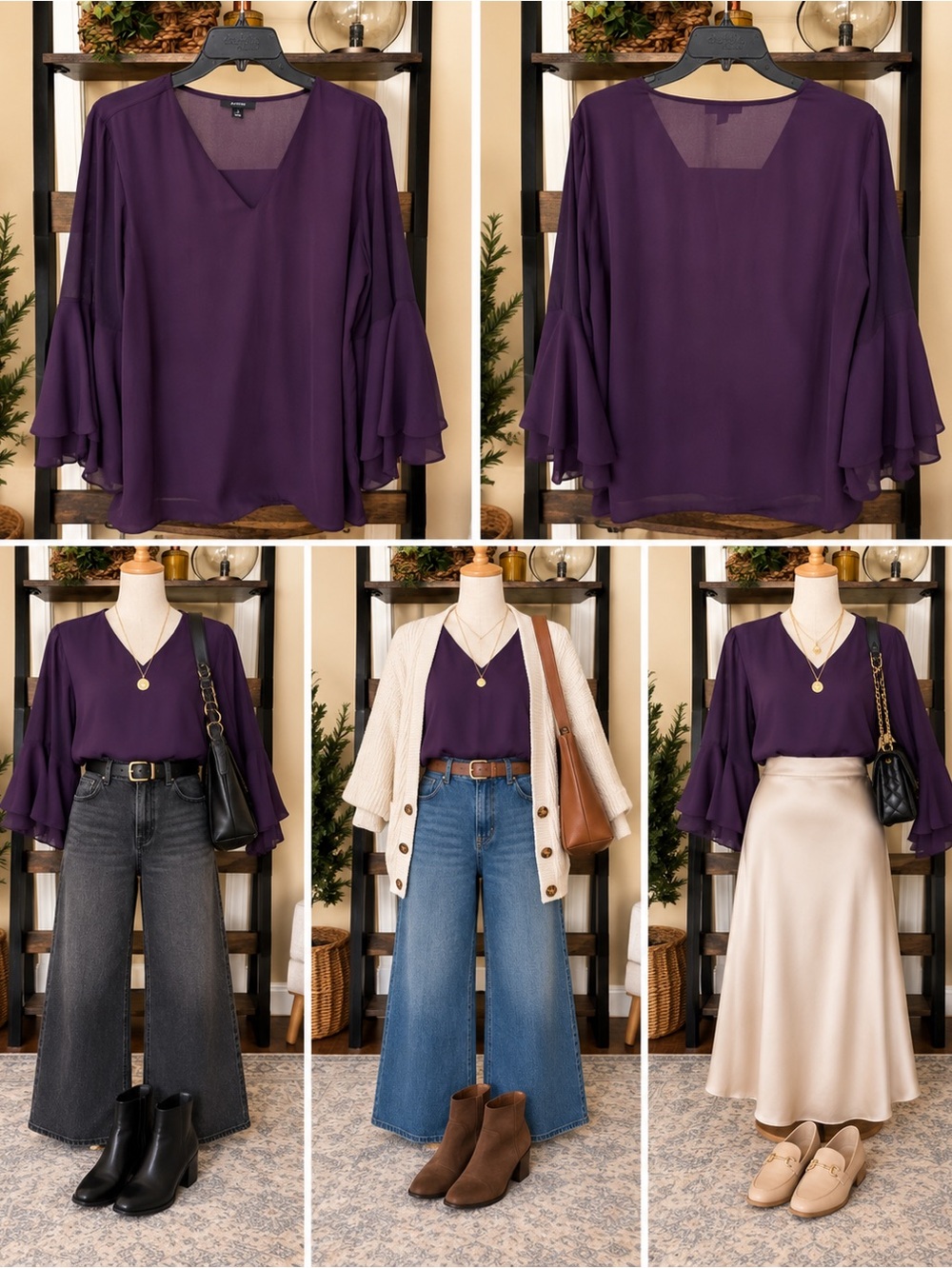 Women's Purple V-Neck Ruffle/Bell Sleeve Blouse